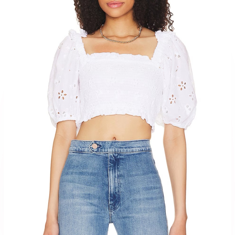 For Love and Lemons White Puff Sleeve Cotton Eyelet Addison Top